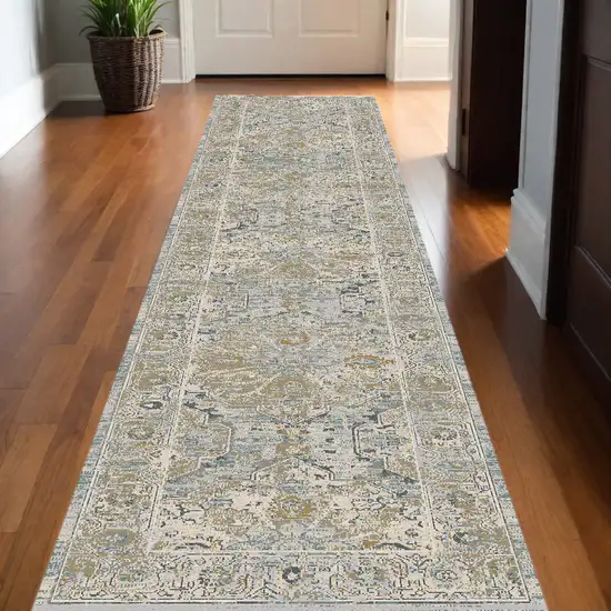 12' Ivory Tan And Light Blue Floral Medallion Distressed Runner Rug With Fringe Photo 1