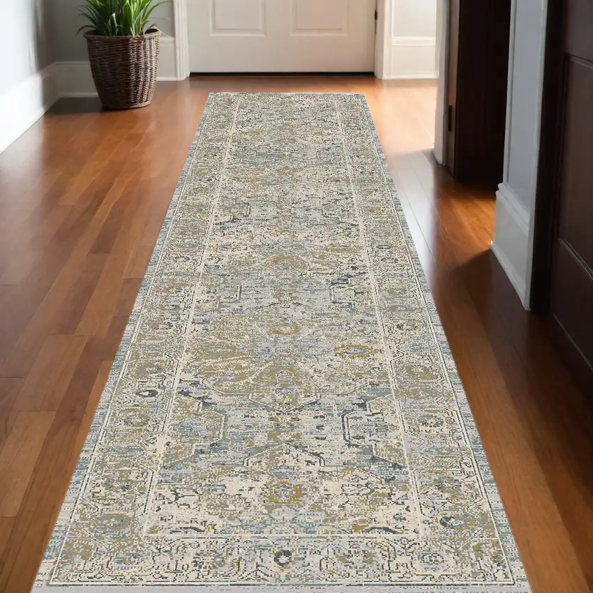 12' Ivory Tan And Light Blue Floral Medallion Distressed Runner Rug With Fringe Photo 1
