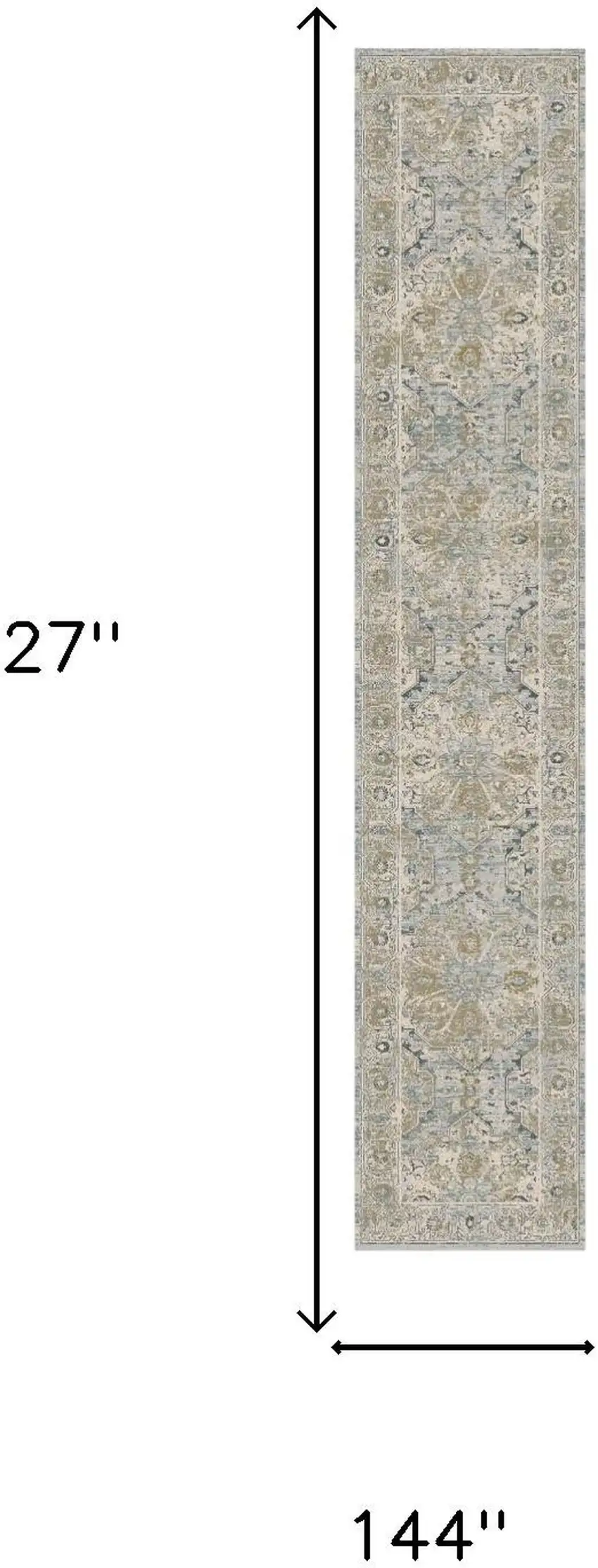12' Ivory Tan And Light Blue Floral Medallion Distressed Runner Rug With Fringe Photo 3