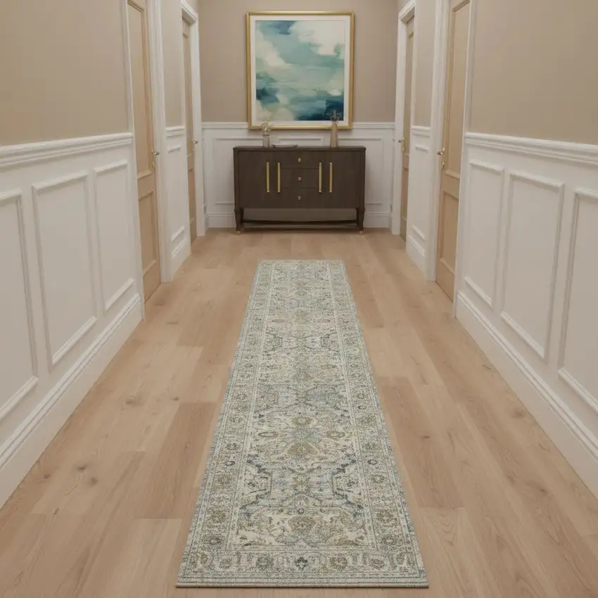 12' Ivory Tan And Light Blue Floral Medallion Distressed Runner Rug With Fringe Photo 1