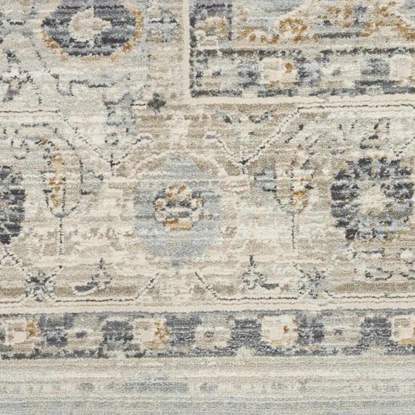 12' Ivory Tan And Light Blue Floral Medallion Distressed Runner Rug With Fringe Photo 7