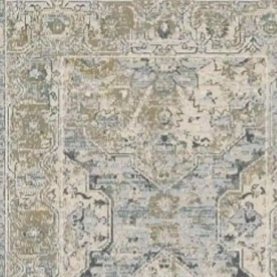 12' Ivory Tan And Light Blue Floral Medallion Distressed Runner Rug With Fringe Photo 4