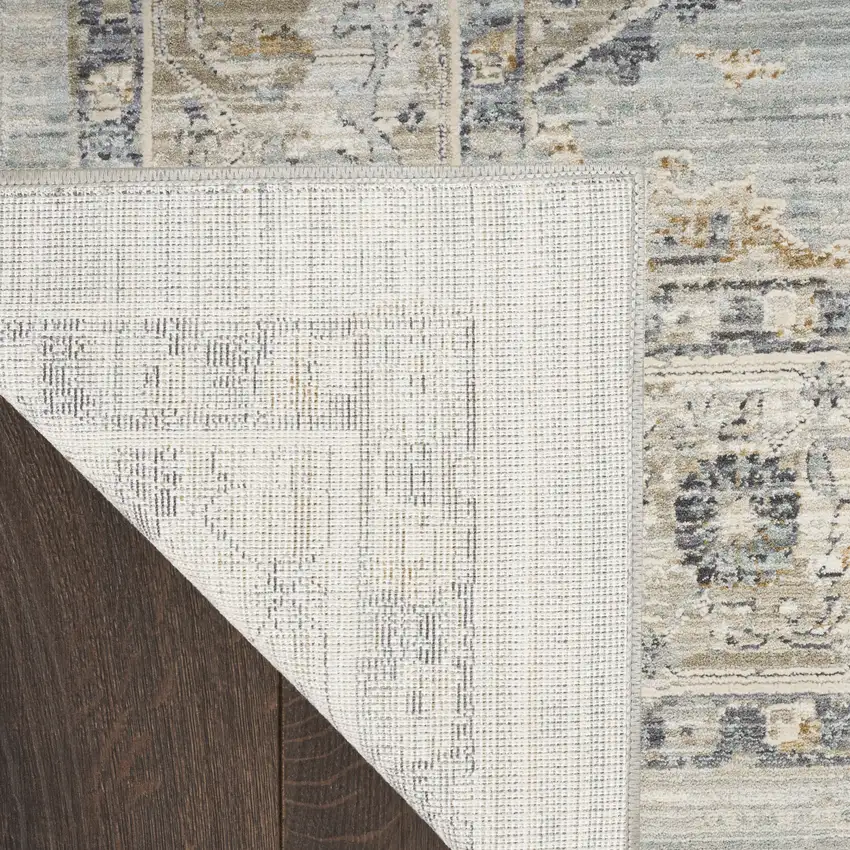 12' Ivory Tan And Light Blue Floral Medallion Distressed Runner Rug With Fringe Photo 9