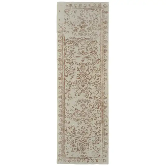 8' Ivory Tan And Pink Wool Floral Tufted Handmade Distressed Runner Rug Photo 1
