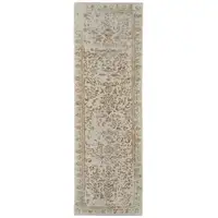 Photo of 8' Ivory Tan And Pink Wool Floral Tufted Handmade Distressed Runner Rug