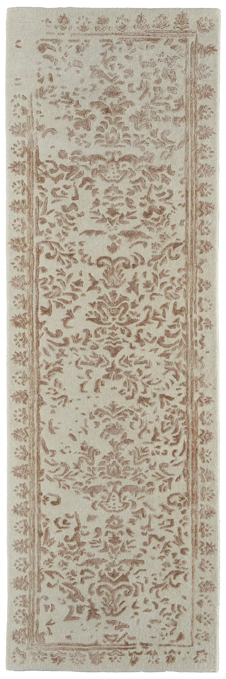 8' Ivory Tan And Pink Wool Floral Tufted Handmade Distressed Runner Rug Photo 1