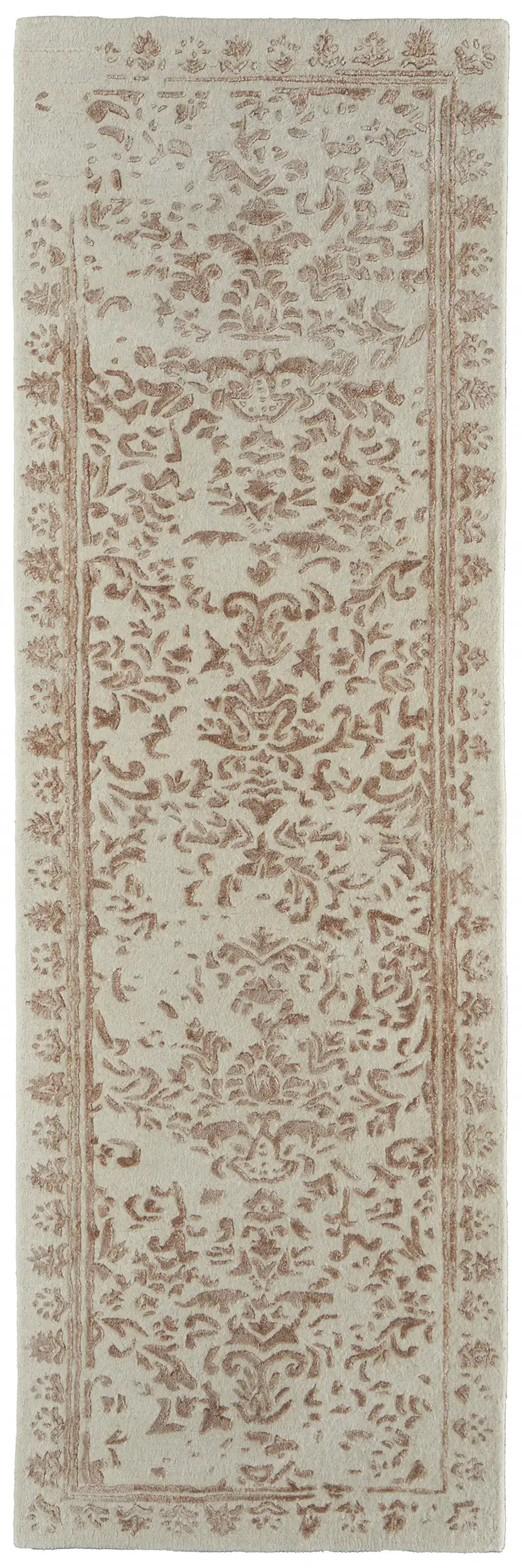 8' Ivory Tan And Pink Wool Floral Tufted Handmade Distressed Runner Rug Photo 1