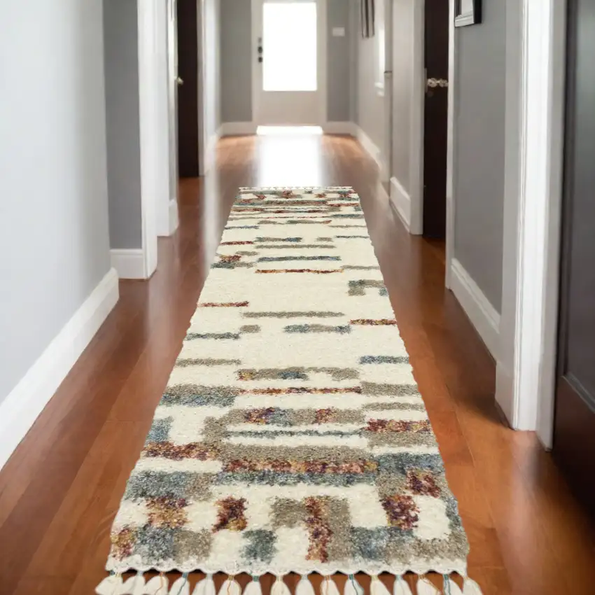 8' Ivory Tan And Red Abstract Shag Runner Rug With Fringe Photo 1