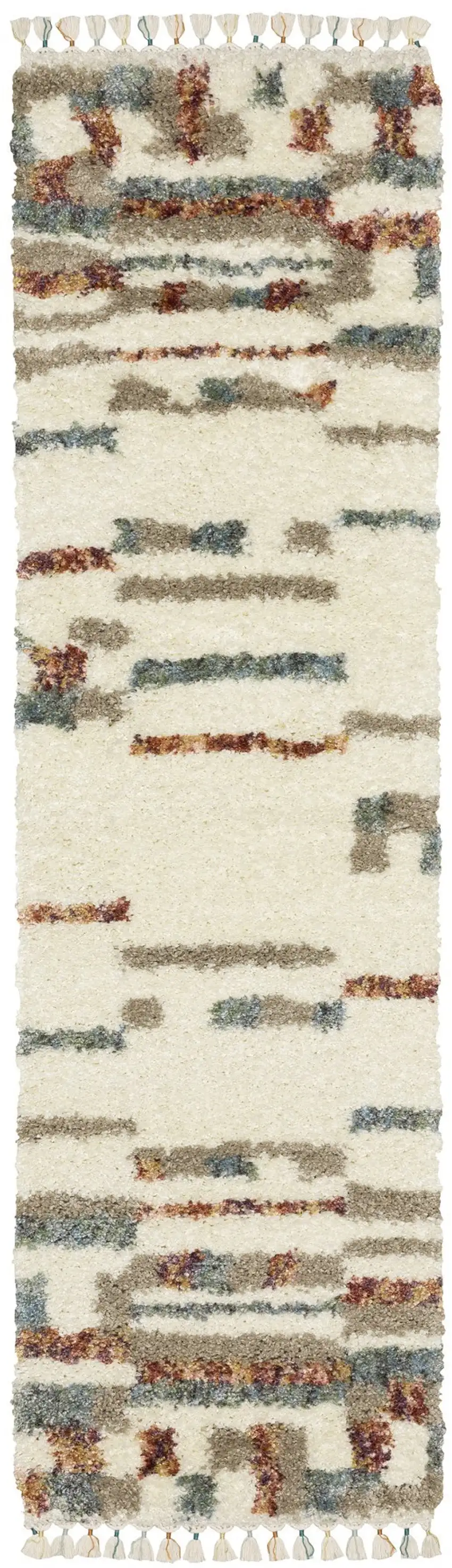 8' Ivory Tan And Red Abstract Shag Runner Rug With Fringe Photo 2