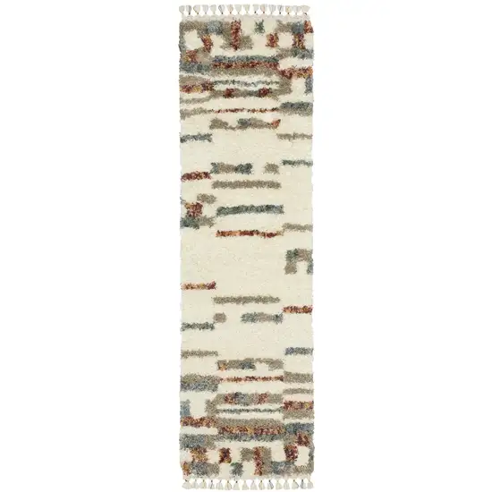 8' Ivory Tan And Red Abstract Shag Runner Rug With Fringe Photo 2