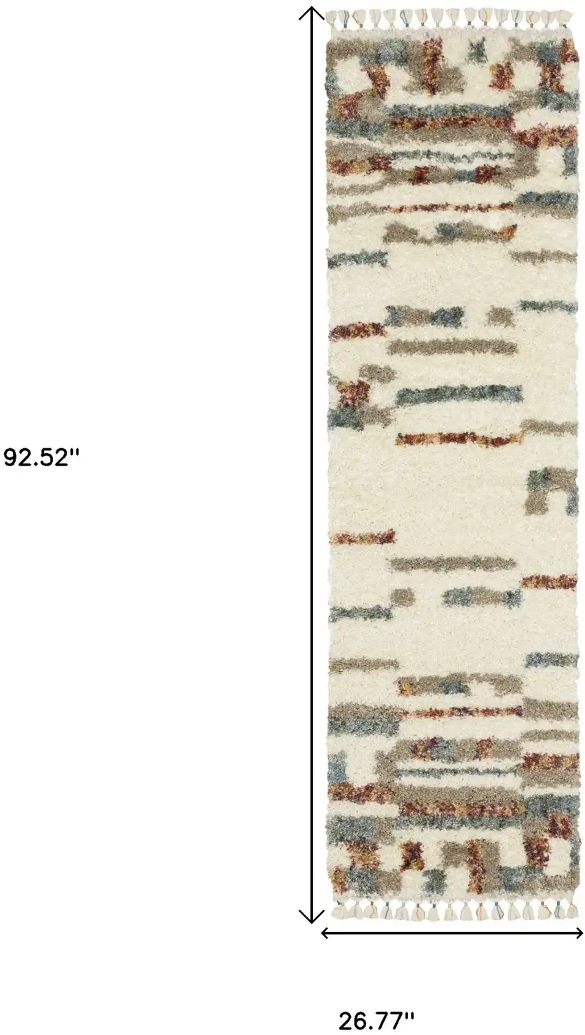 8' Ivory Tan And Red Abstract Shag Runner Rug With Fringe Photo 3