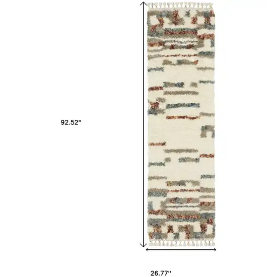 8' Ivory Tan And Red Abstract Shag Runner Rug With Fringe Photo 3