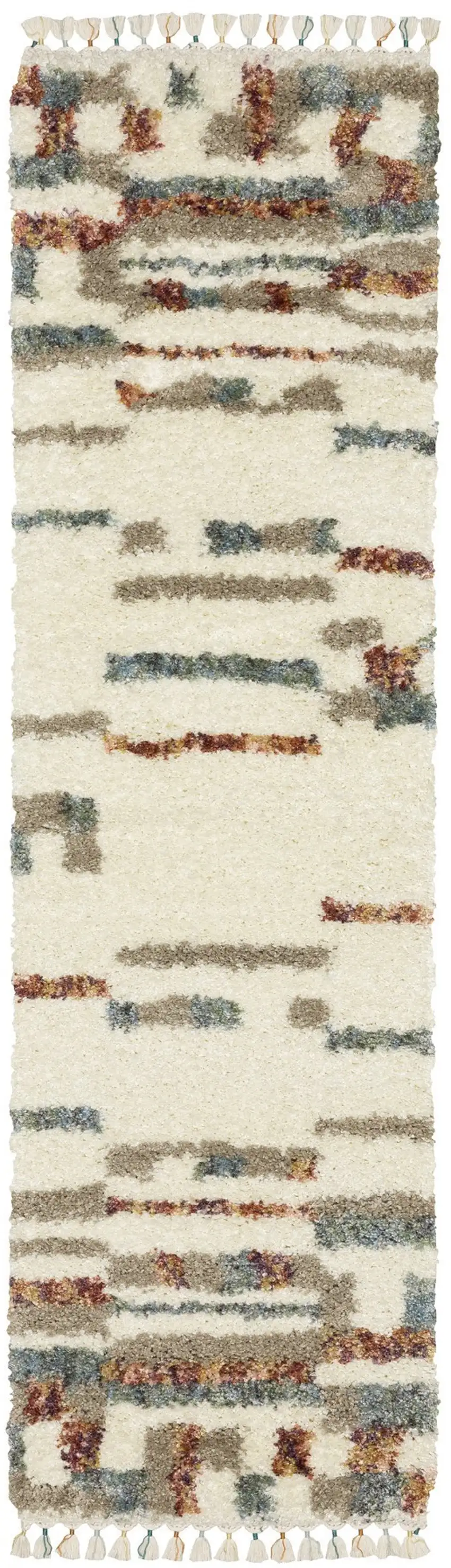 8' Ivory Tan And Red Abstract Shag Runner Rug With Fringe Photo 4