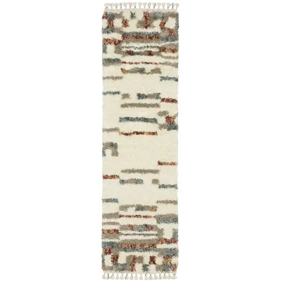 8' Ivory Tan And Red Abstract Shag Runner Rug With Fringe Photo 4