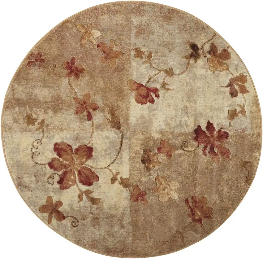 6' Ivory Tan And Red Floral Non Skid Round Rug Photo 3