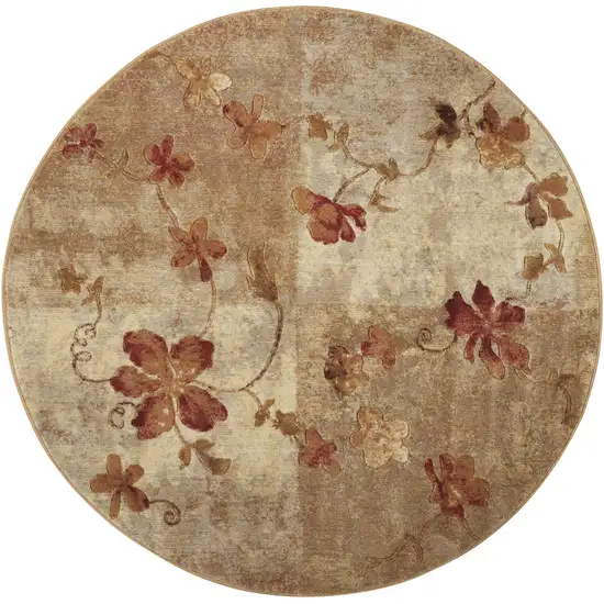 6' Ivory Tan And Red Floral Non Skid Round Rug Photo 3