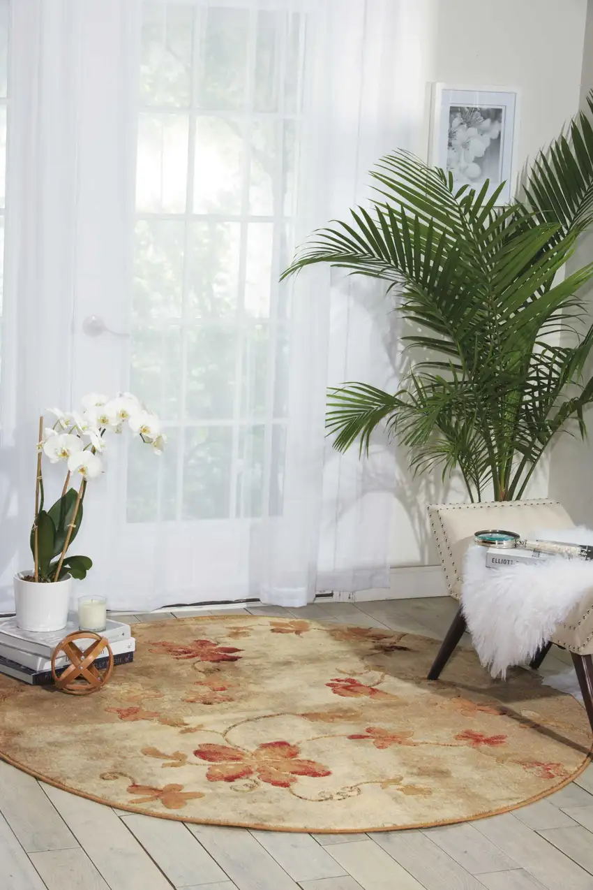 6' Ivory Tan And Red Floral Non Skid Round Rug Photo 5