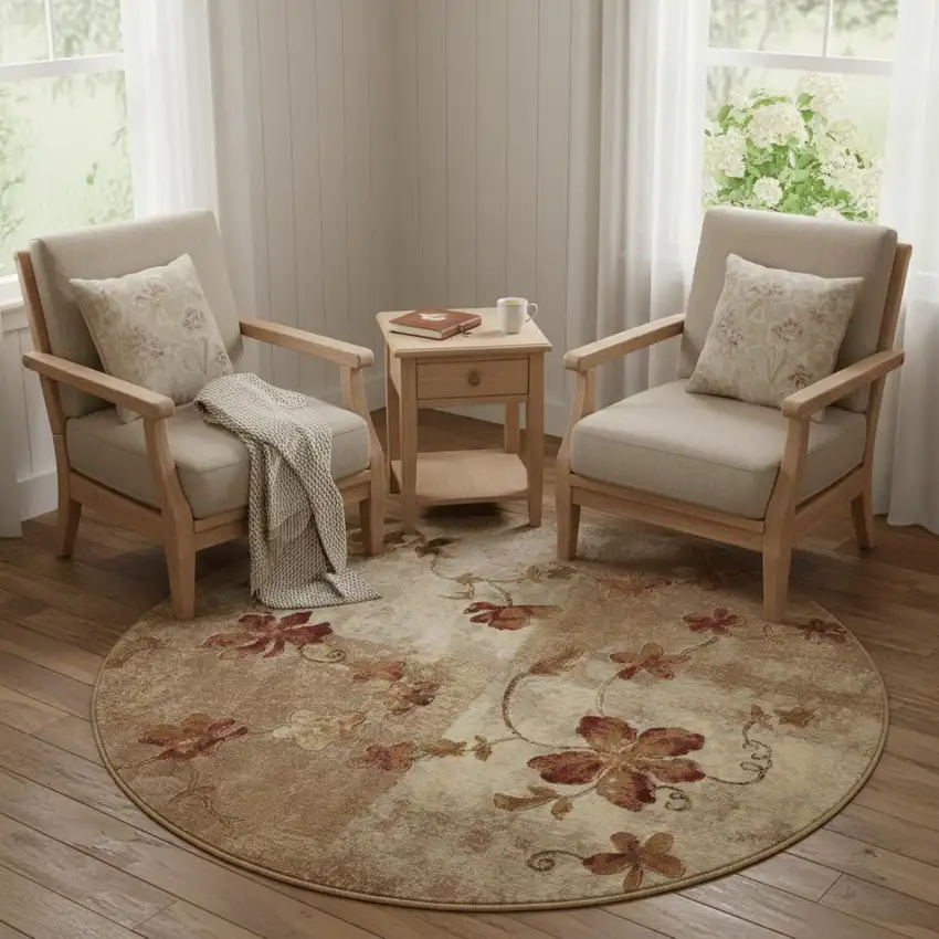 6' Ivory Tan And Red Floral Non Skid Round Rug Photo 1