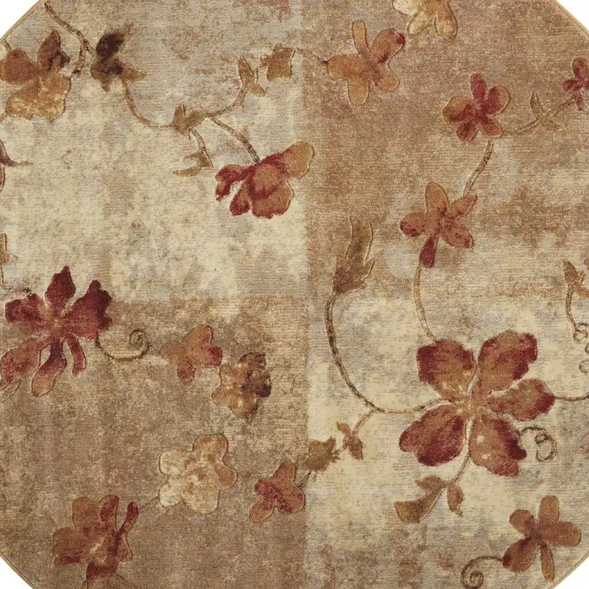 6' Ivory Tan And Red Floral Non Skid Round Rug Photo 7