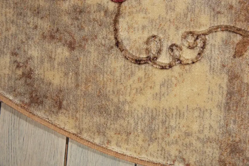 6' Ivory Tan And Red Floral Non Skid Round Rug Photo 6
