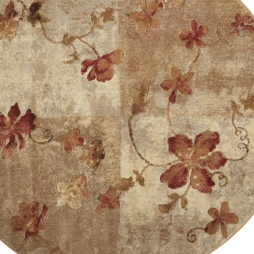 6' Ivory Tan And Red Floral Non Skid Round Rug Photo 4