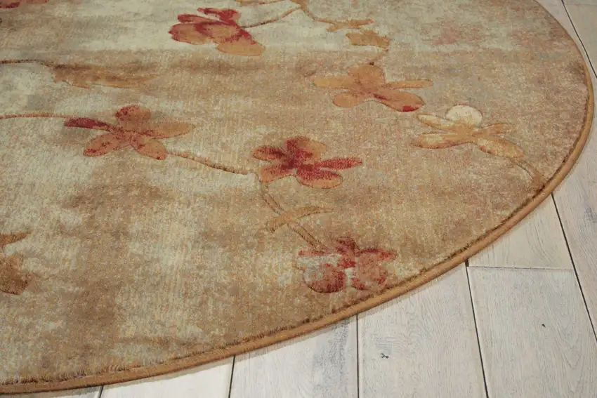 6' Ivory Tan And Red Floral Non Skid Round Rug Photo 9