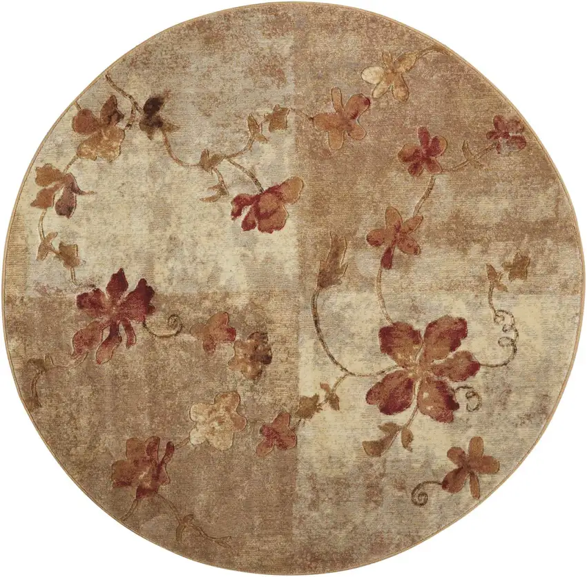 6' Ivory Tan And Red Floral Non Skid Round Rug Photo 2