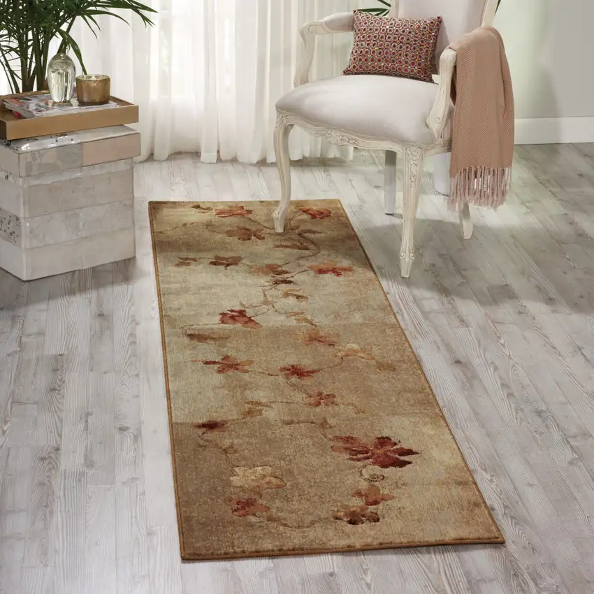 8' Ivory Tan And Red Floral Non Skid Runner Rug Photo 1