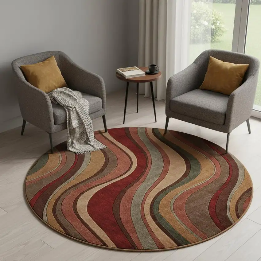 6' Ivory Tan And Red Striped Non Skid Round Rug Photo 1