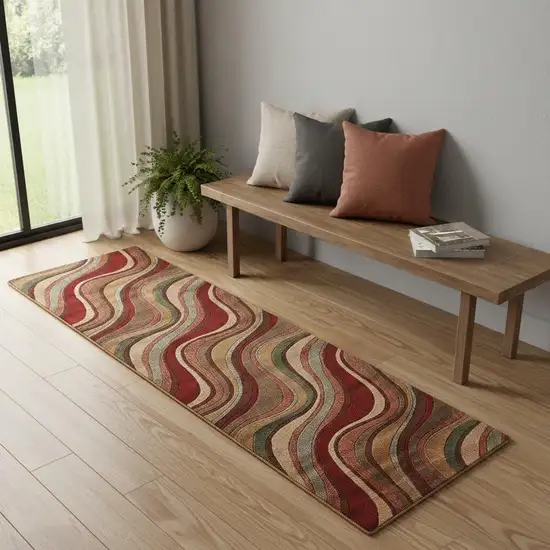 6' Ivory Tan And Red Striped Non Skid Runner Rug Photo 1