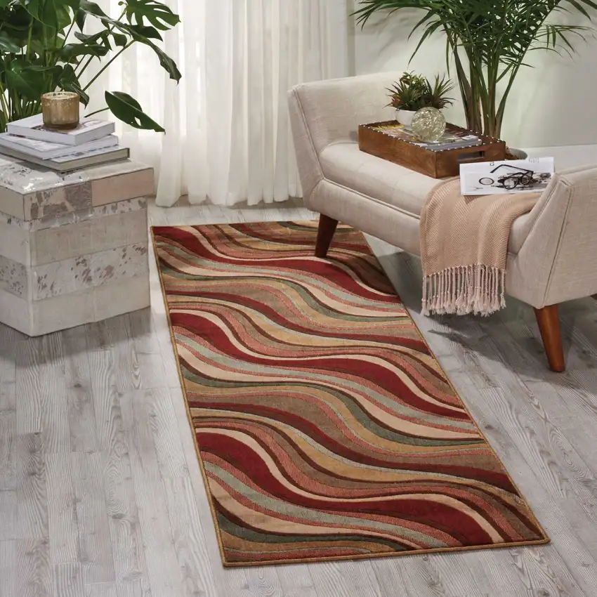 6' Ivory Tan And Red Striped Non Skid Runner Rug Photo 4