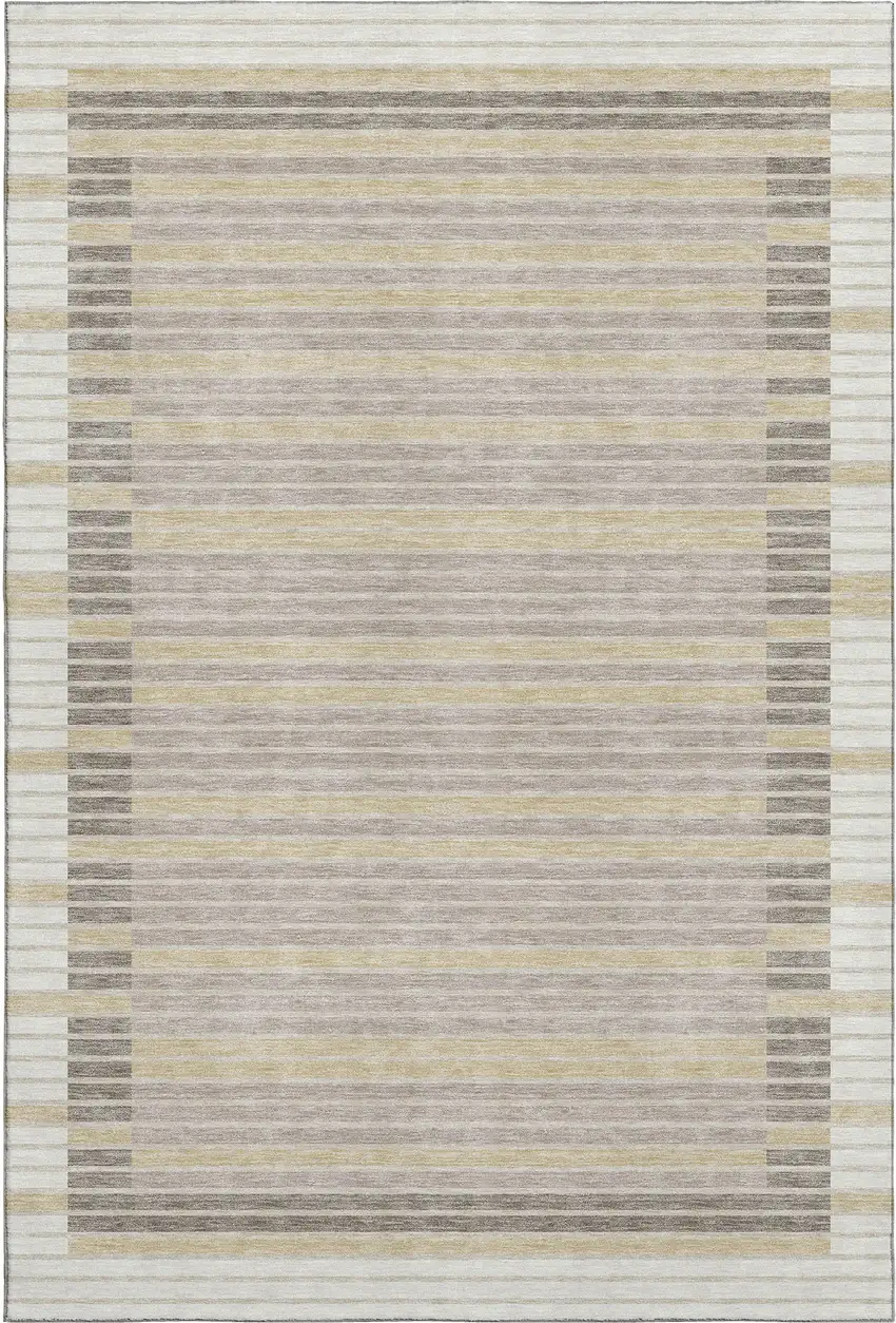 8' Ivory Tan And Taupe Striped Washable Area Rug With UV Protection Photo 1