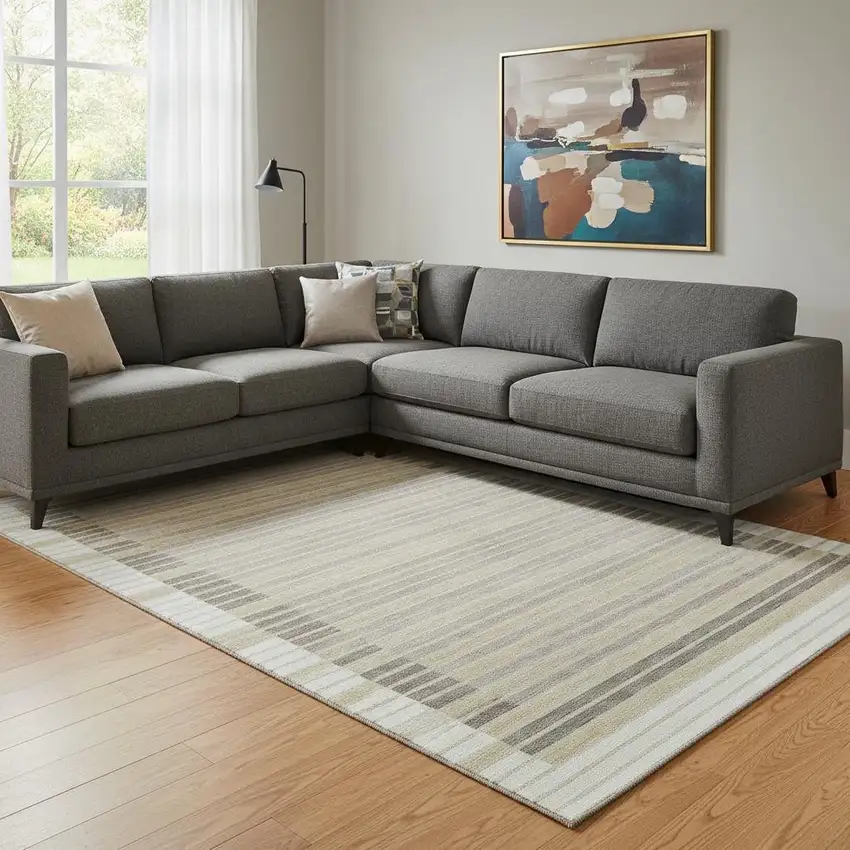 8' Ivory Tan And Taupe Striped Washable Area Rug With UV Protection Photo 2