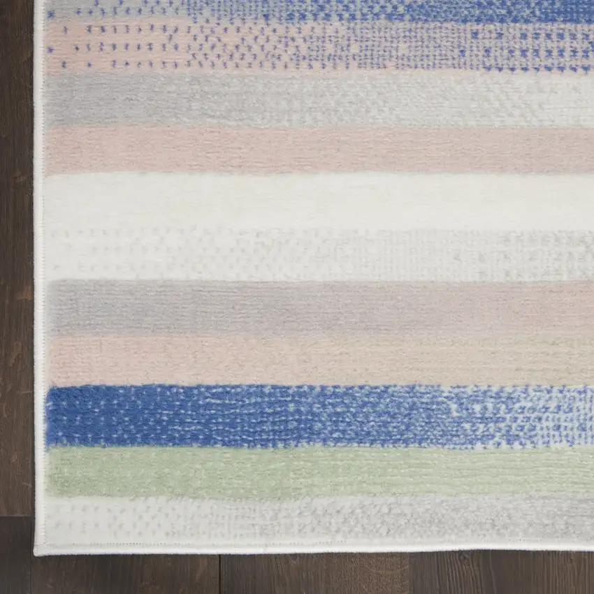 8' Ivory Tan and Blue Abstract Distressed Non Skid Runner Rug Photo 9