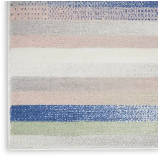 8' Ivory Tan and Blue Abstract Distressed Non Skid Runner Rug Photo 6