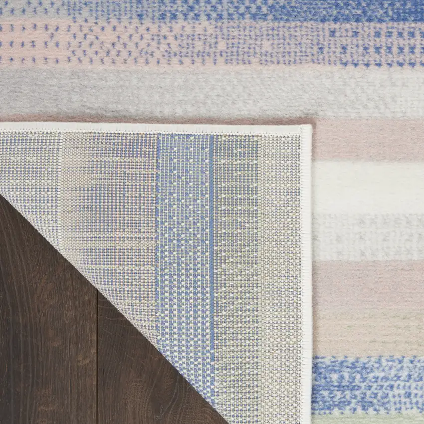 8' Ivory Tan and Blue Abstract Distressed Non Skid Runner Rug Photo 8