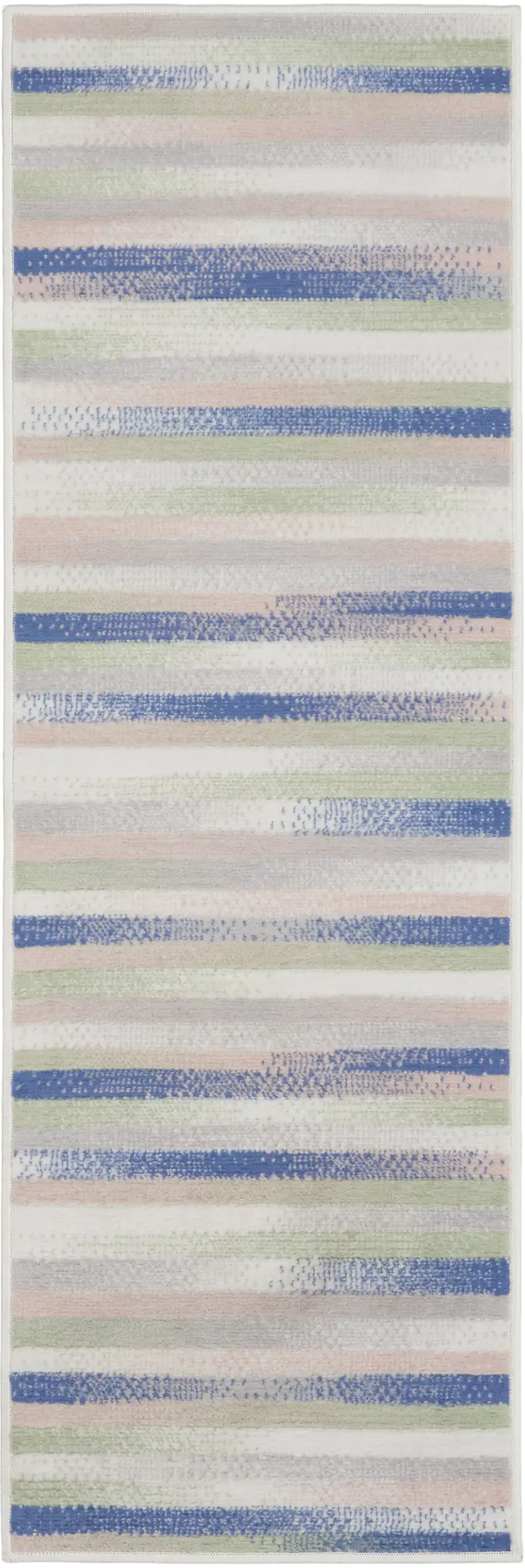 8' Ivory Tan and Blue Abstract Distressed Non Skid Runner Rug Photo 2