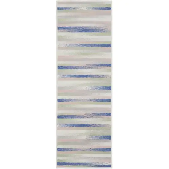 8' Ivory Tan and Blue Abstract Distressed Non Skid Runner Rug Photo 7