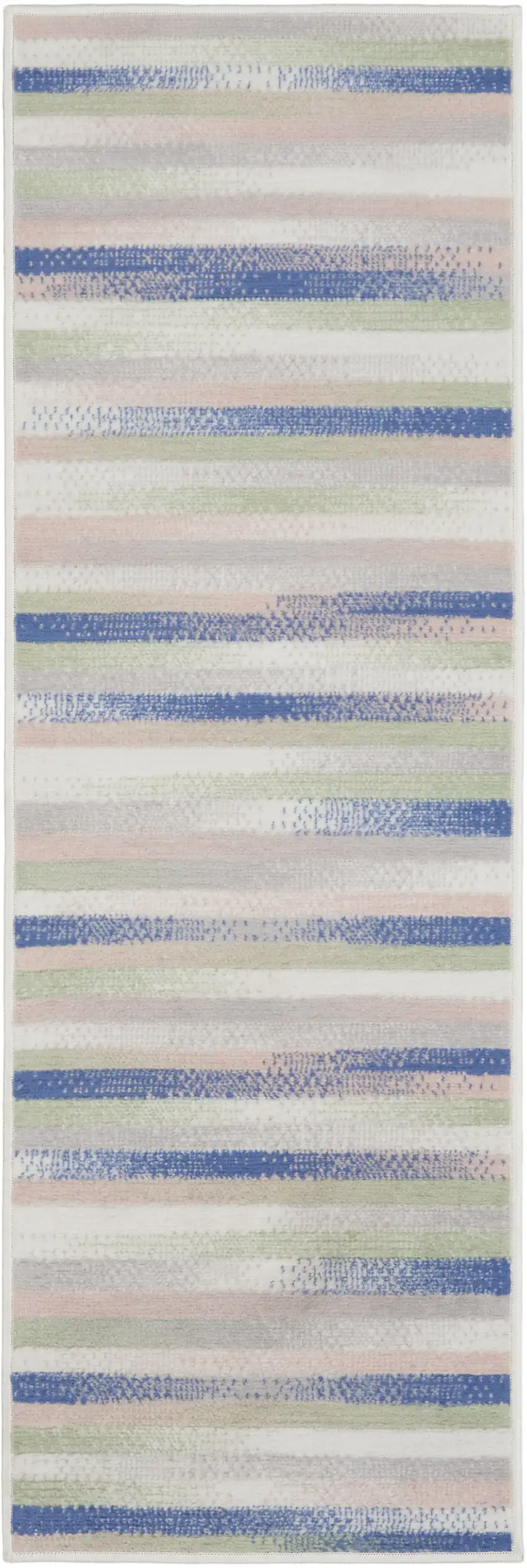 8' Ivory Tan and Blue Abstract Distressed Non Skid Runner Rug Photo 7