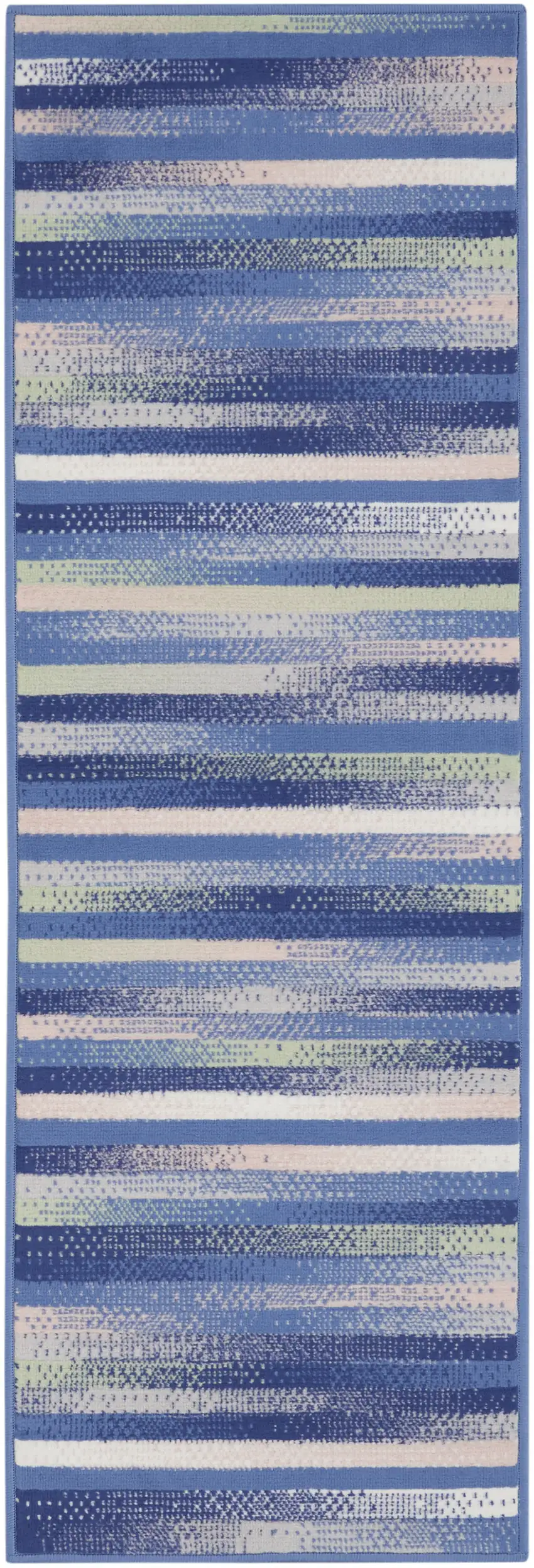 8' Ivory Tan and Blue Abstract Distressed Non Skid Runner Rug Photo 2