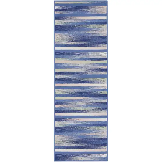 8' Ivory Tan and Blue Abstract Distressed Non Skid Runner Rug Photo 9