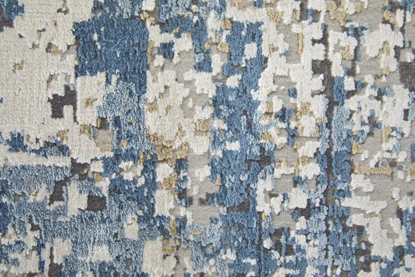 10' Ivory Tan and Blue Abstract Power Loom Runner Rug With Fringe Photo 7