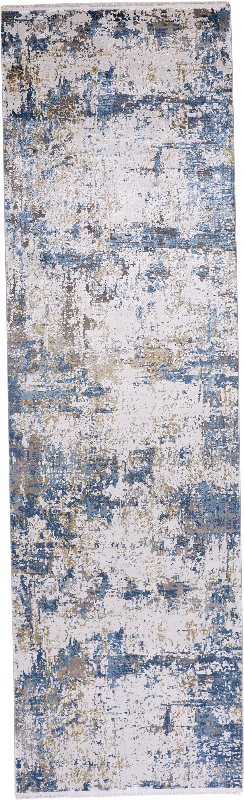 10' Ivory Tan and Blue Abstract Power Loom Runner Rug With Fringe Photo 2