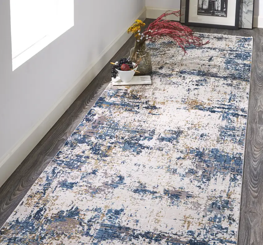 10' Ivory Tan and Blue Abstract Power Loom Runner Rug With Fringe Photo 6