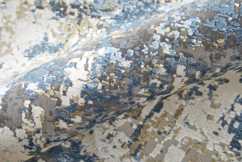 10' Ivory Tan and Blue Abstract Power Loom Runner Rug With Fringe Photo 9