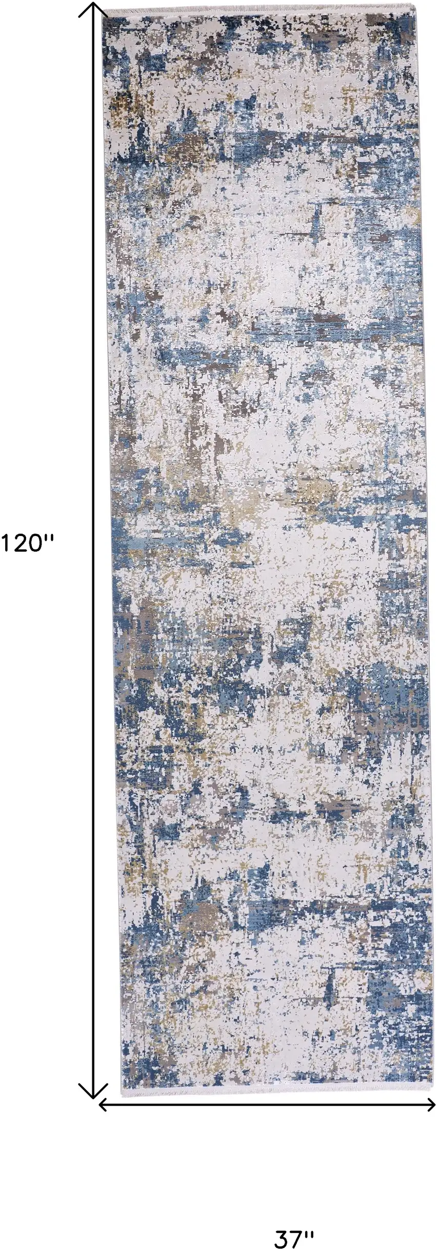 10' Ivory Tan and Blue Abstract Power Loom Runner Rug With Fringe Photo 3