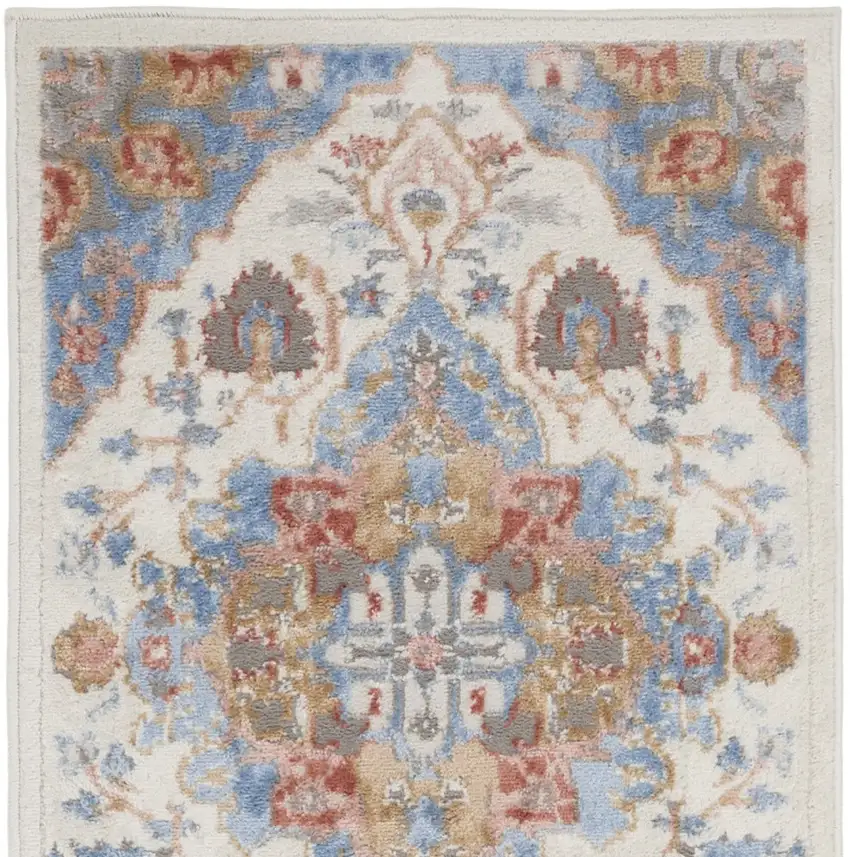 8' Ivory Tan and Blue Floral Medallion Non Skid Runner Rug Photo 9