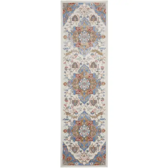 8' Ivory Tan and Blue Floral Medallion Non Skid Runner Rug Photo 1