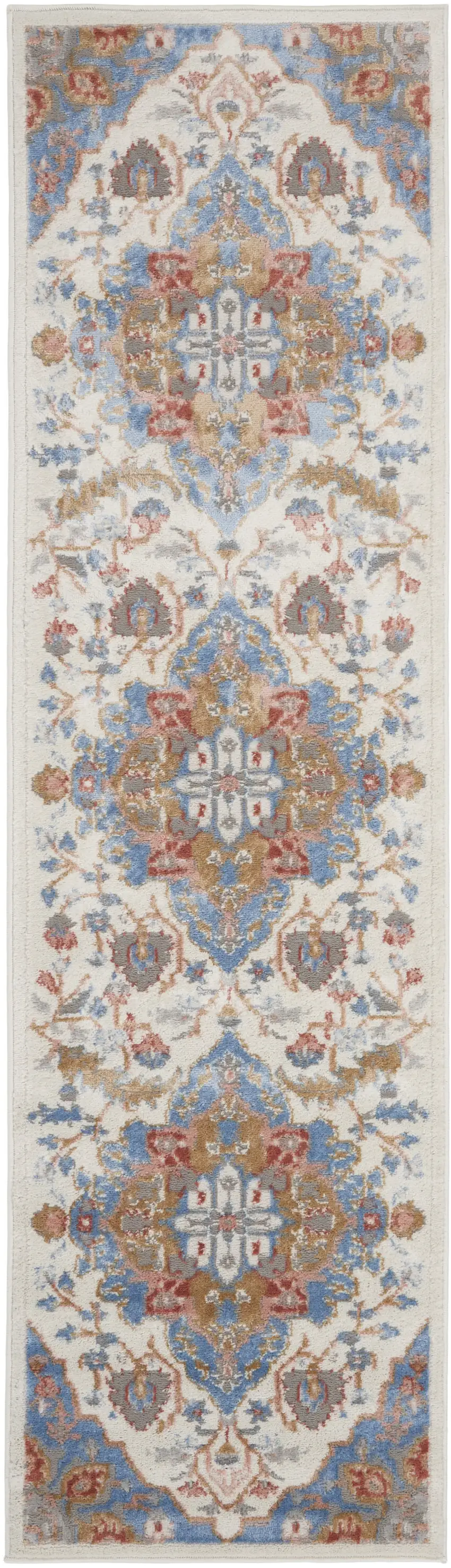 8' Ivory Tan and Blue Floral Medallion Non Skid Runner Rug Photo 1