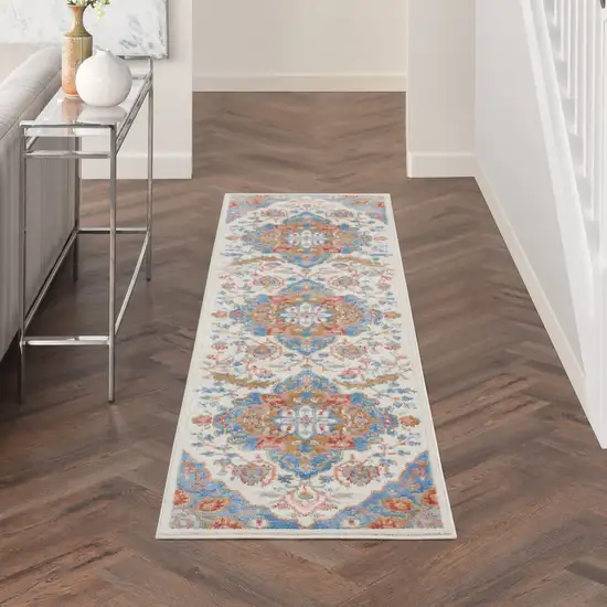 8' Ivory Tan and Blue Floral Medallion Non Skid Runner Rug Photo 3